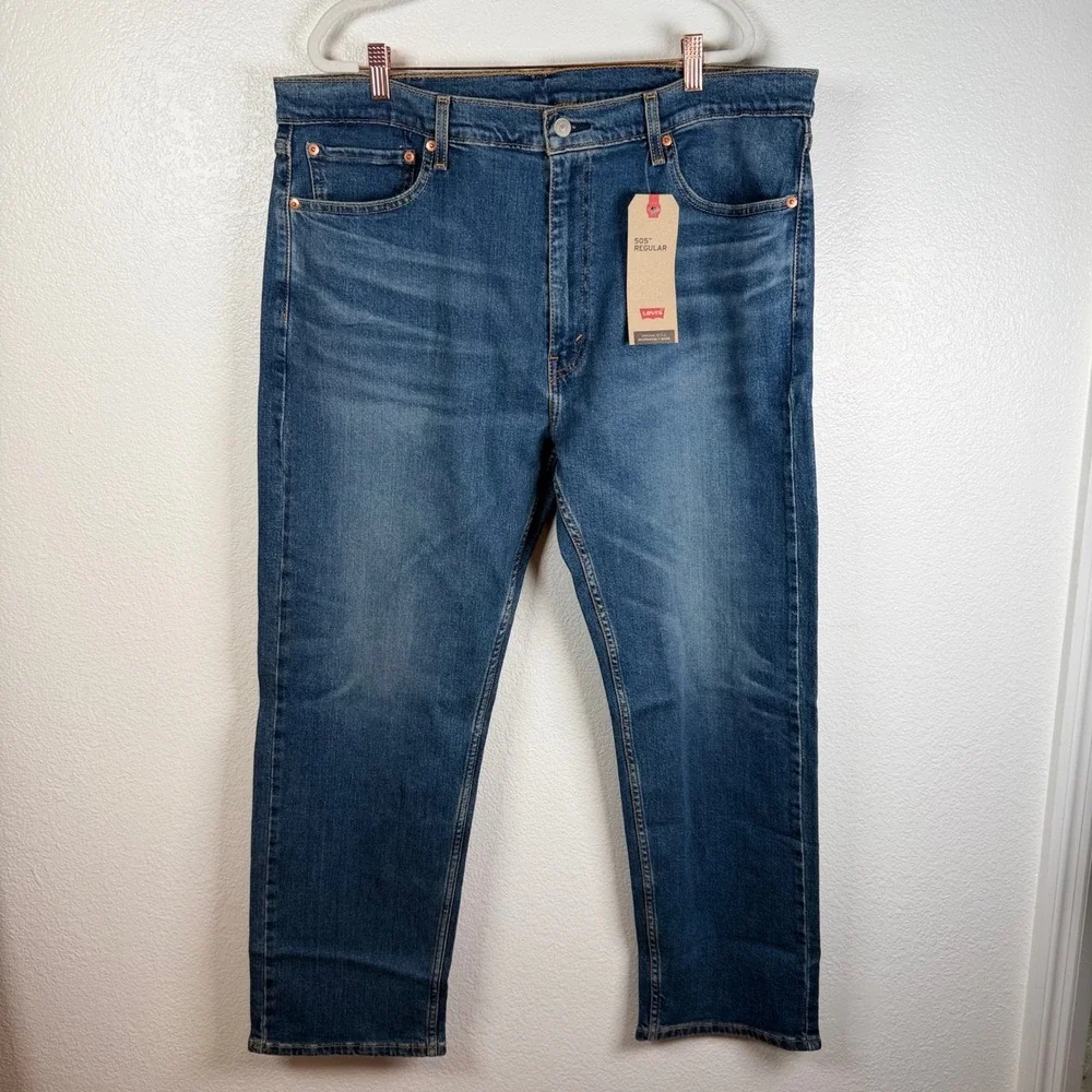 Levis 505 Regular Fit Mens Blue Jeans W40 L30 Stretch Denim Straight Whiskering